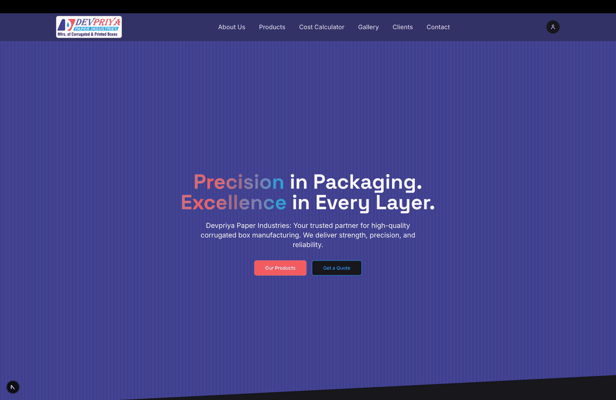 Screenshot of the Devpriya Paper Industries website, featuring a clean and professional layout.